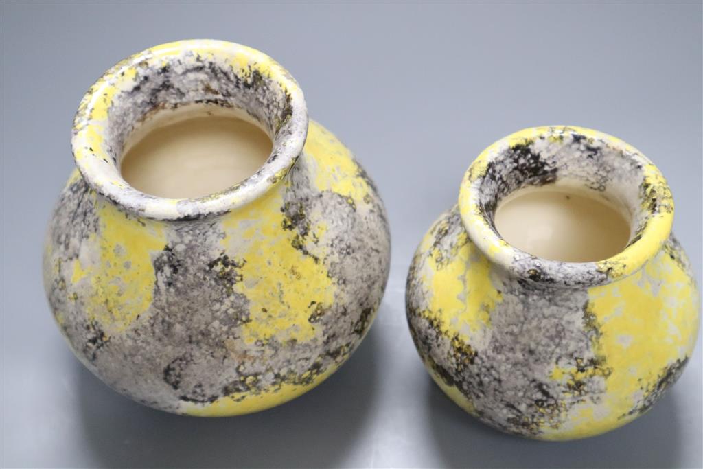 Jerome Massier, Vallauris, a mottled yellow and grey ground pottery vase, signed to base and a similar smaller vase, H 11cm & 13cm